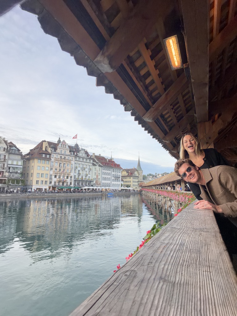 David West and Catherine Dillingham on the Chapel Bridge in Lucerne, Switzerland